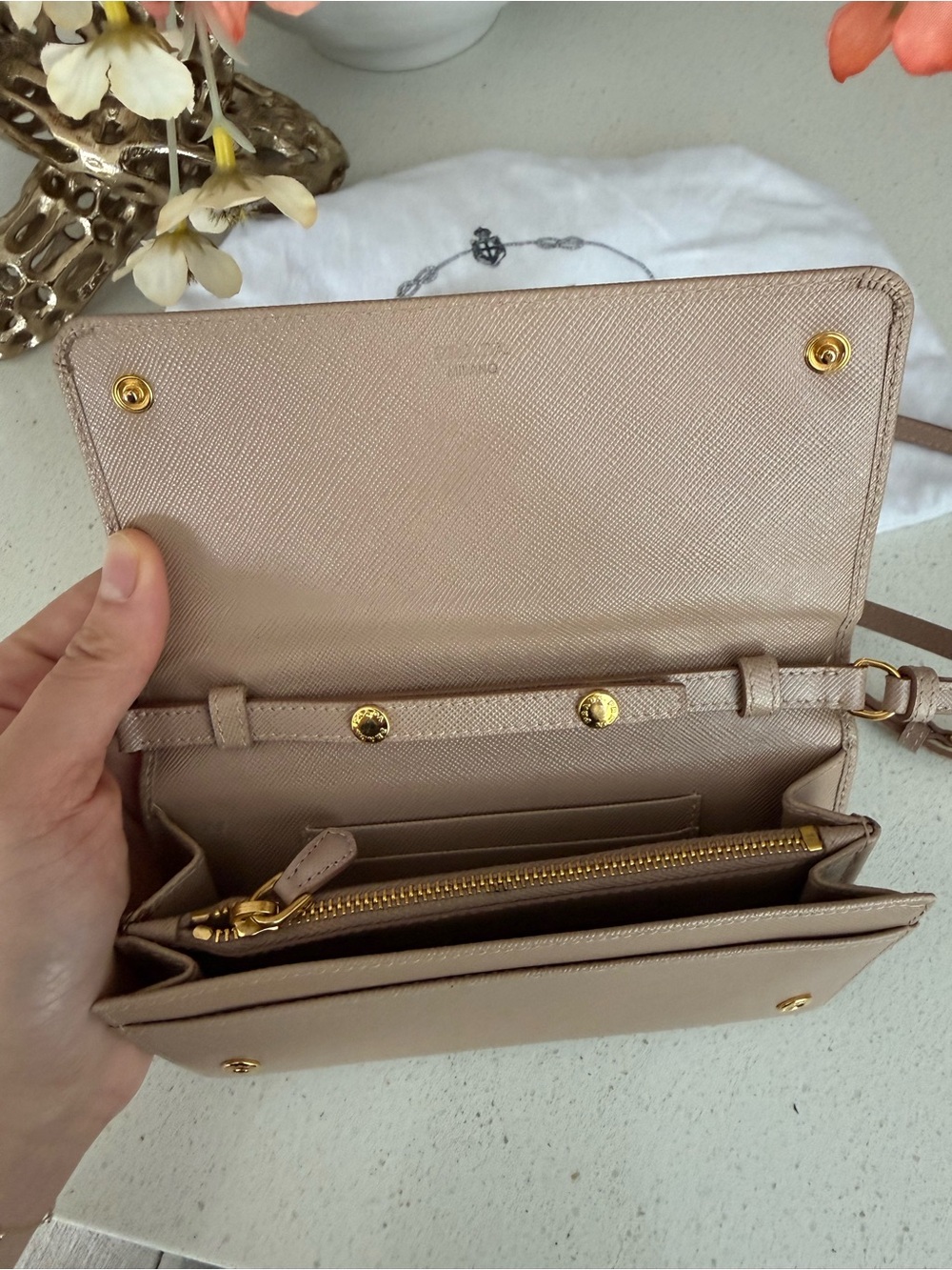 Authentic Prada Saffiano Leather Wallet on Chain / Crossbody – Cameo Beige - Picture 8 of 12
